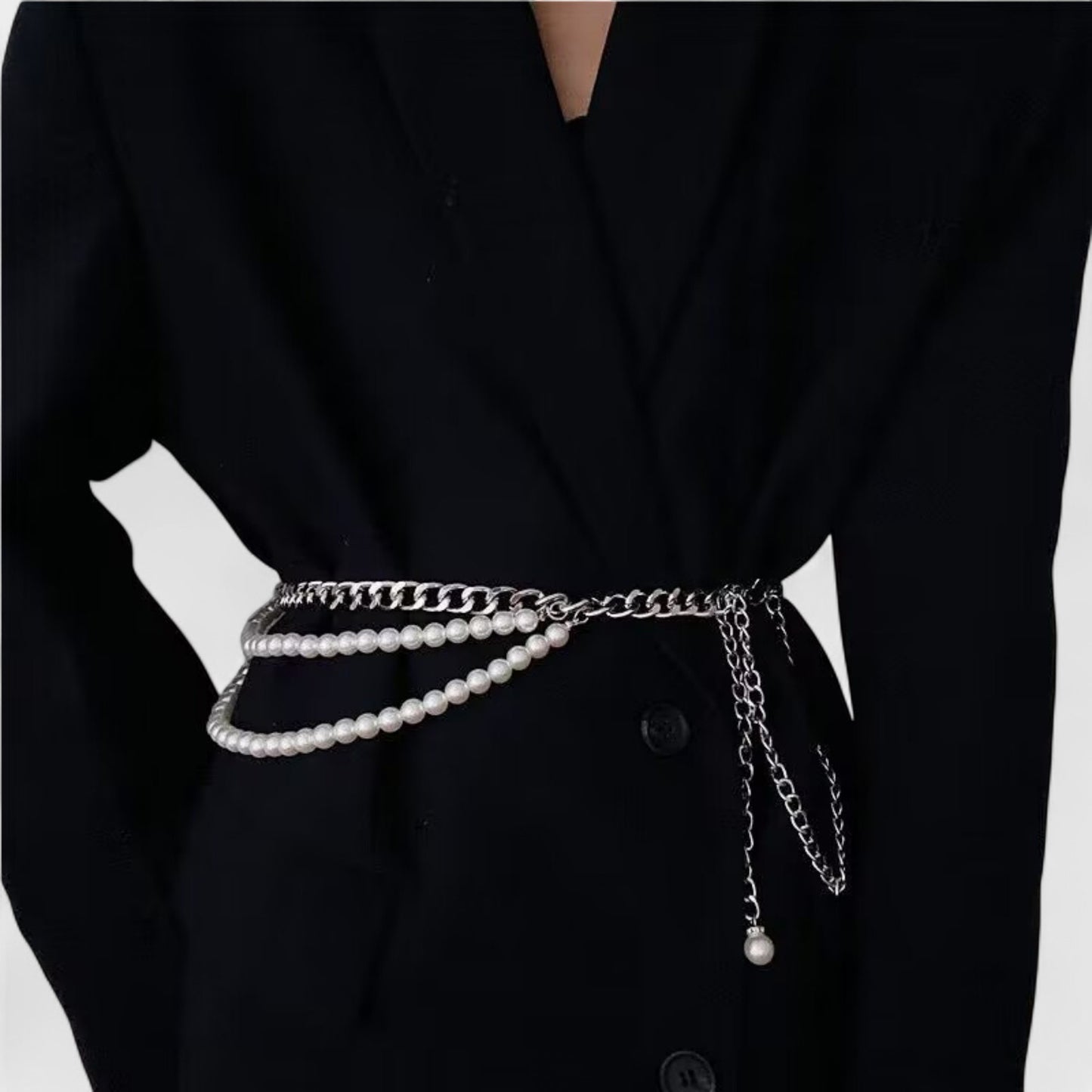 Gold Chain Belt with Double Pearl Strand Layered Design 41.5x0.4in