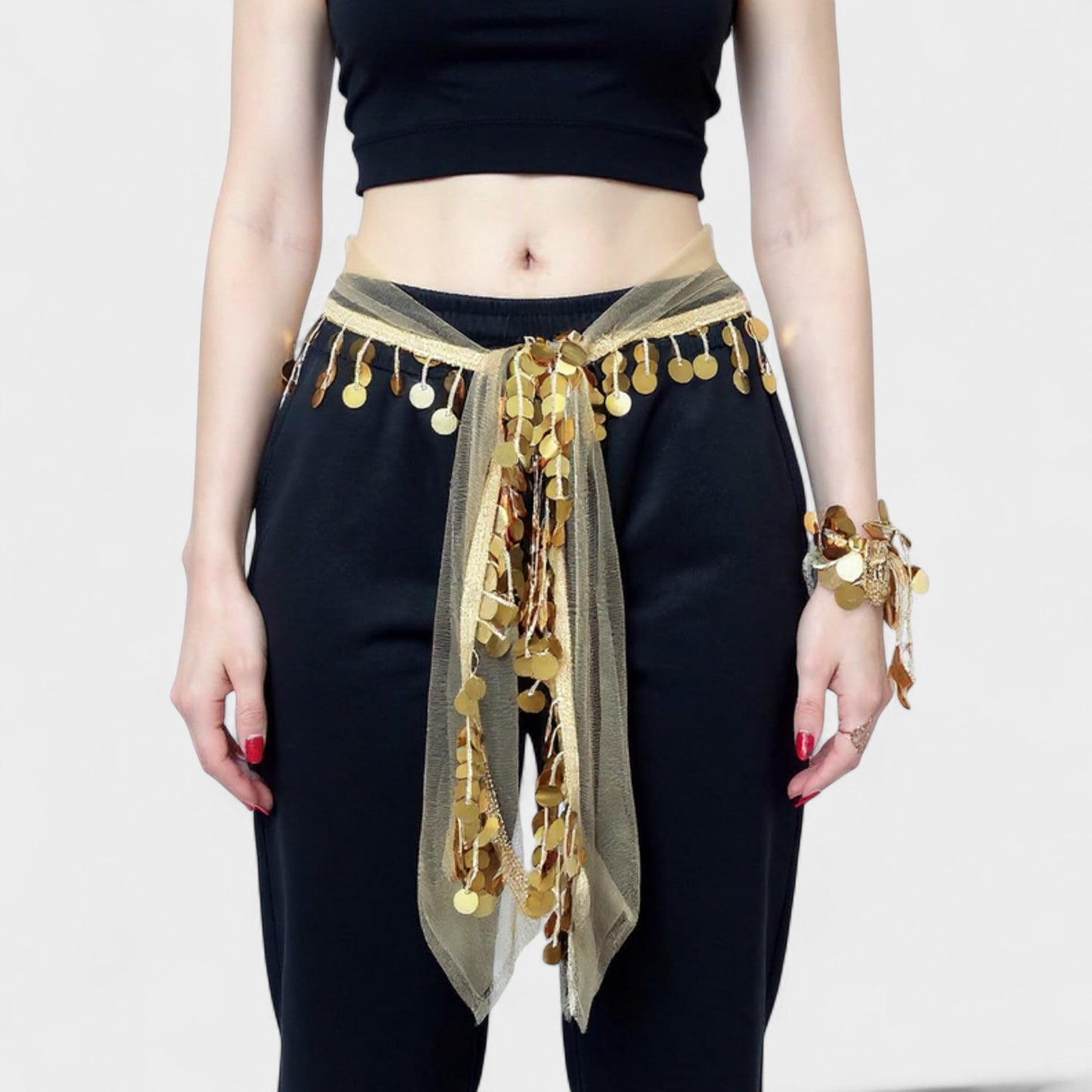 Sheer Coin Belt with Metallic Sequin Tassel Details 71in