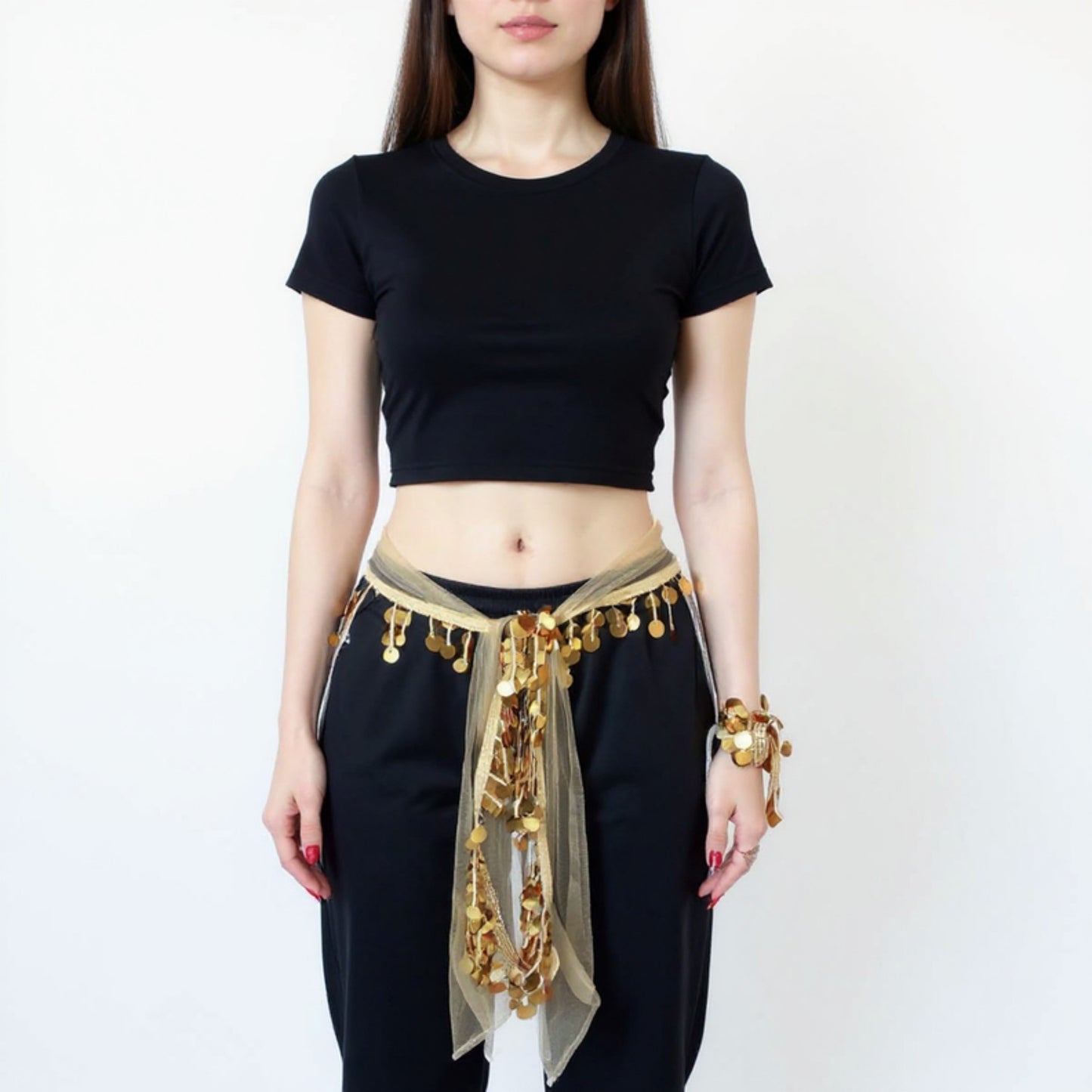 Sheer Coin Belt with Metallic Sequin Tassel Details 71in