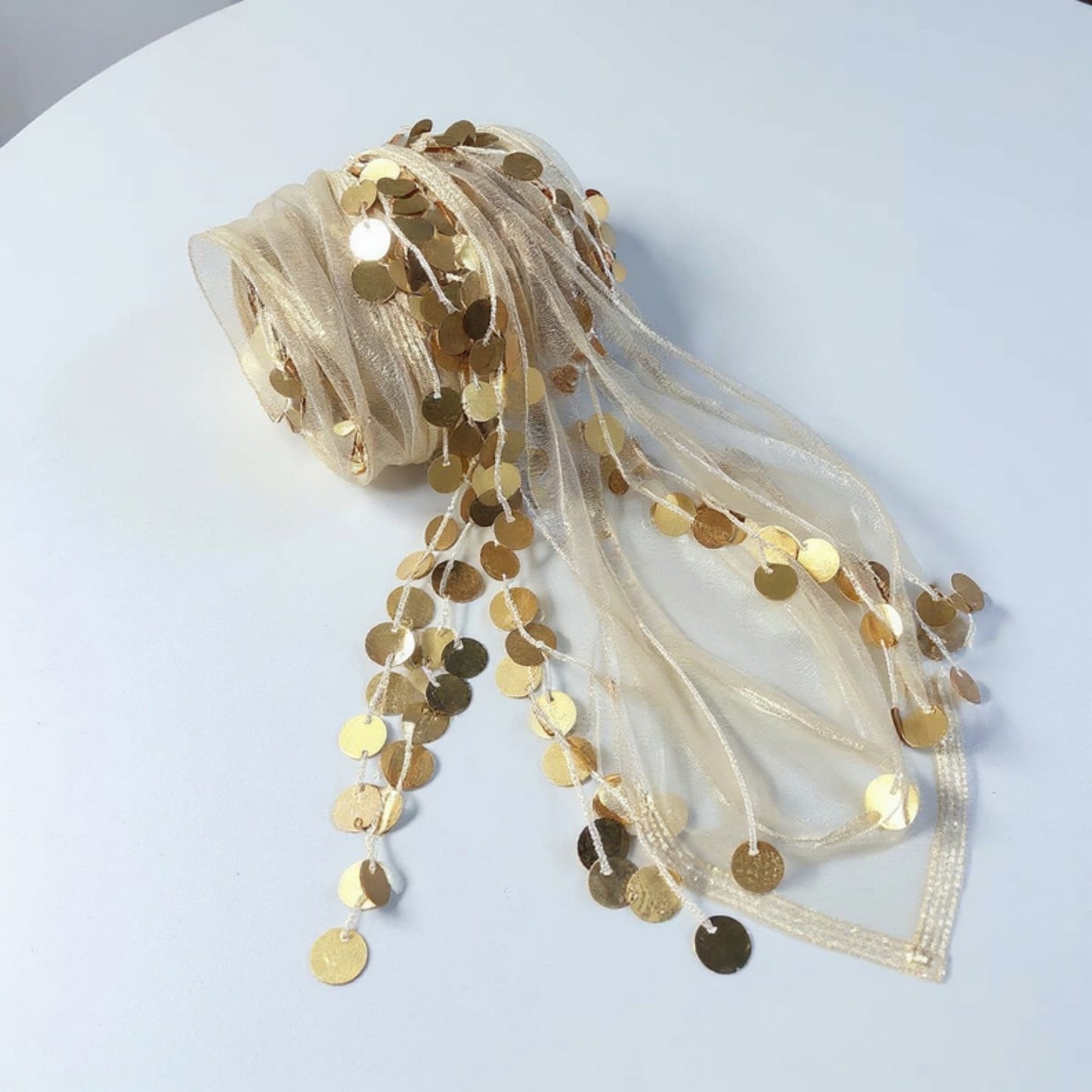Sheer Coin Belt with Metallic Sequin Tassel Details 71in
