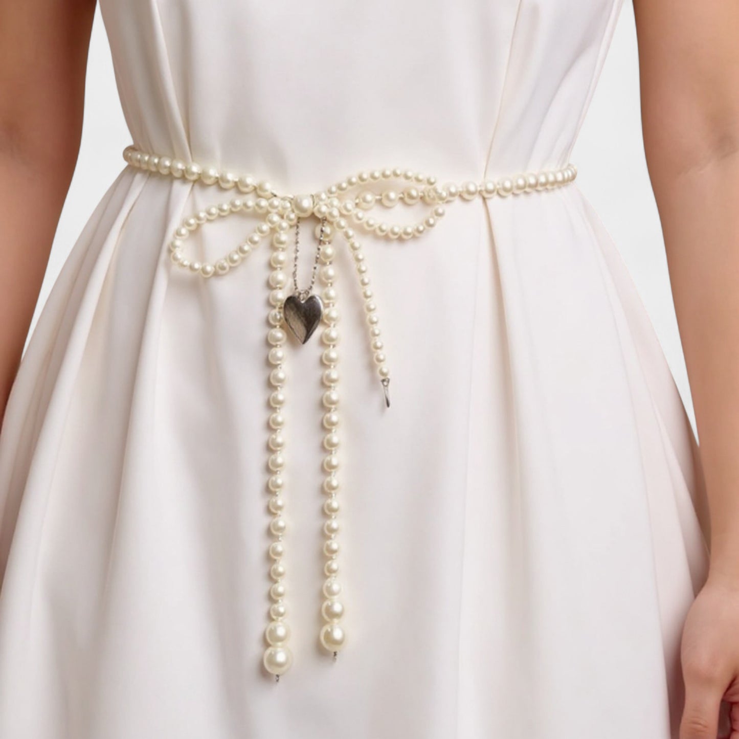 Beaded Pearl Waist Belt with Heart Charm and Bow Tie Accent 59 in