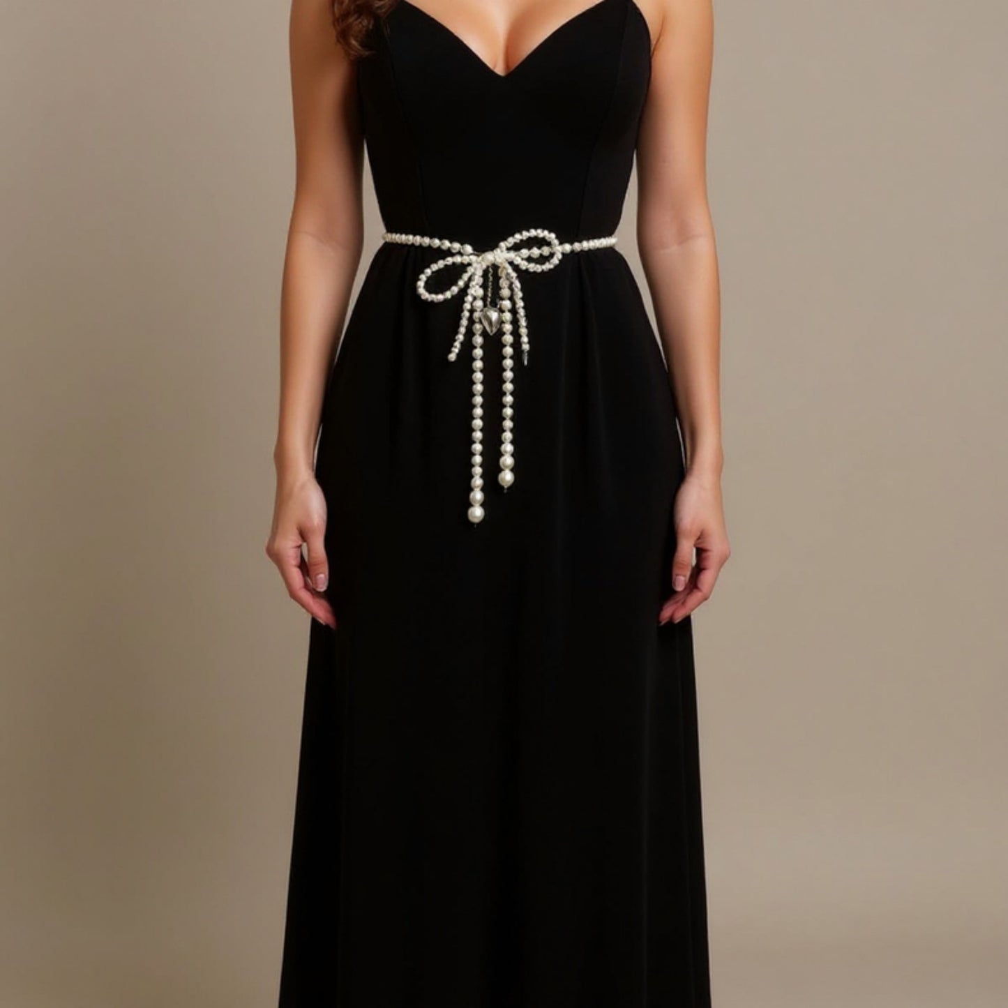 Beaded Pearl Waist Belt with Heart Charm and Bow Tie Accent 59 in