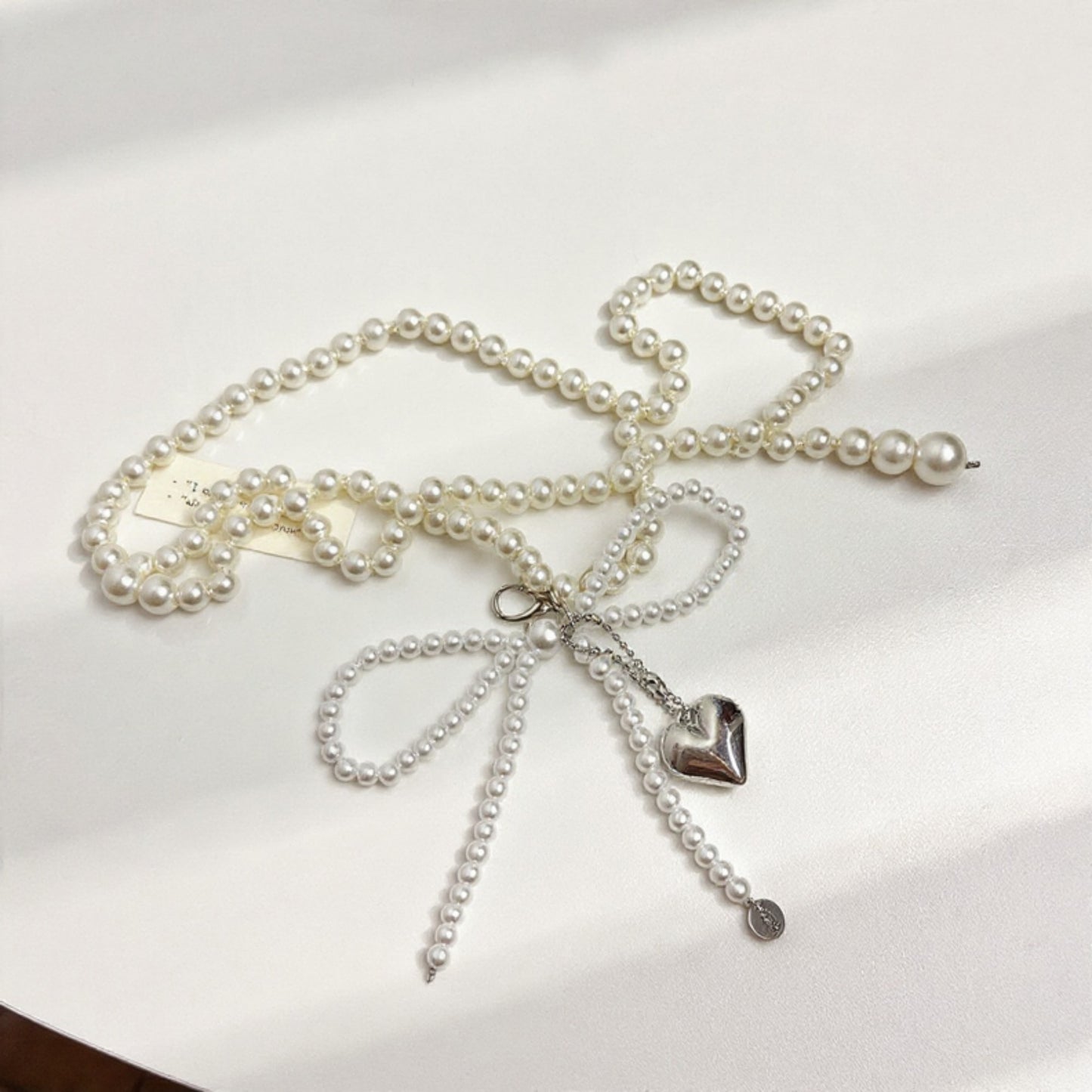 Beaded Pearl Waist Belt with Heart Charm and Bow Tie Accent 59 in