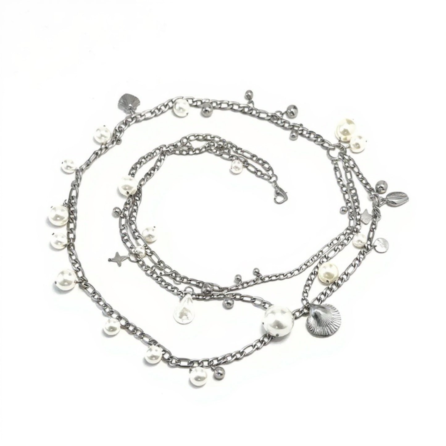 Layered Chain Belt with Pearl and Teardrop Charm Details 41.5 in