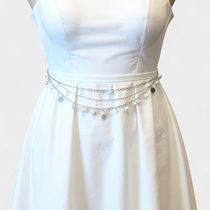 Layered Chain Belt with Pearl and Teardrop Charm Details 41.5 in