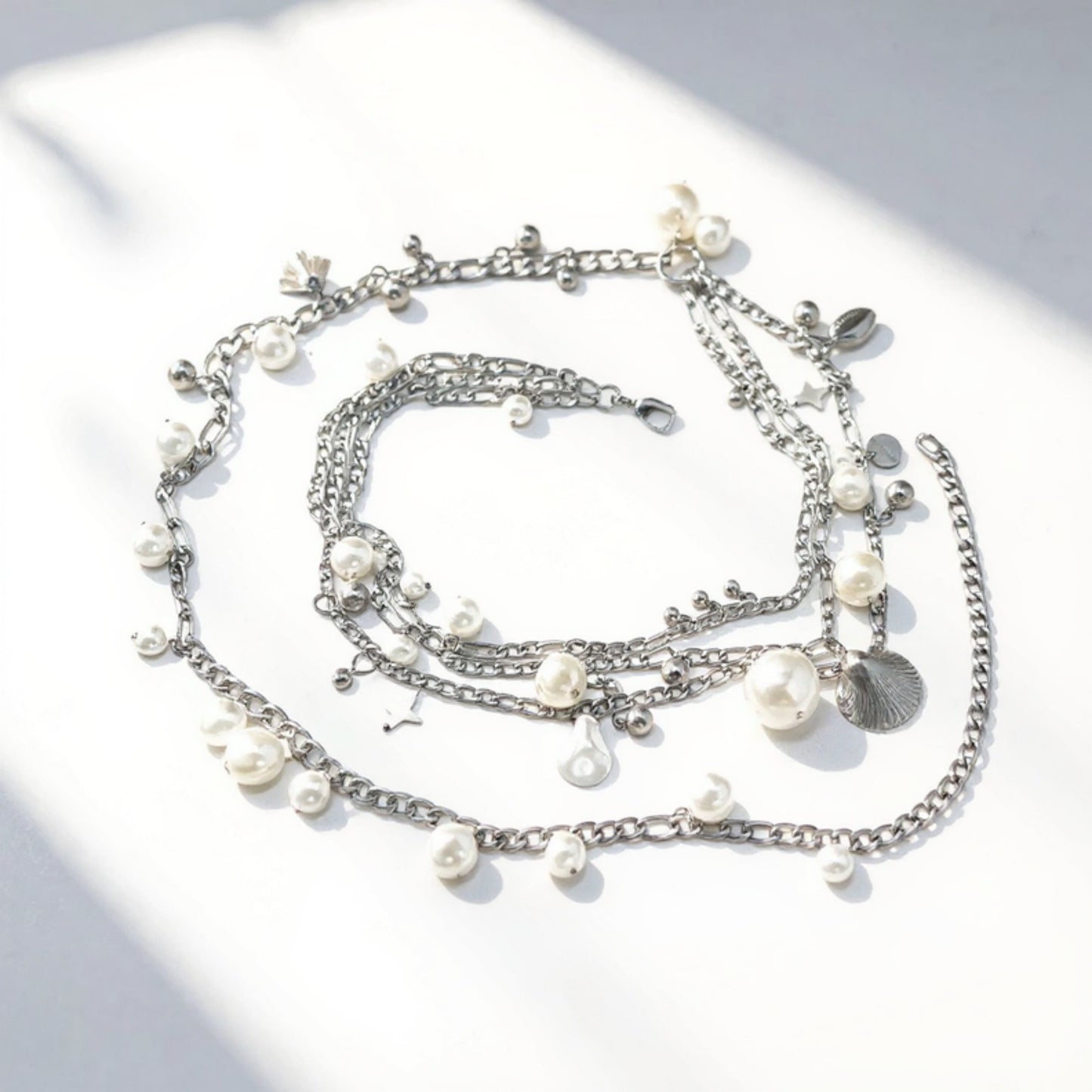 Layered Chain Belt with Pearl and Teardrop Charm Details 41.5 in