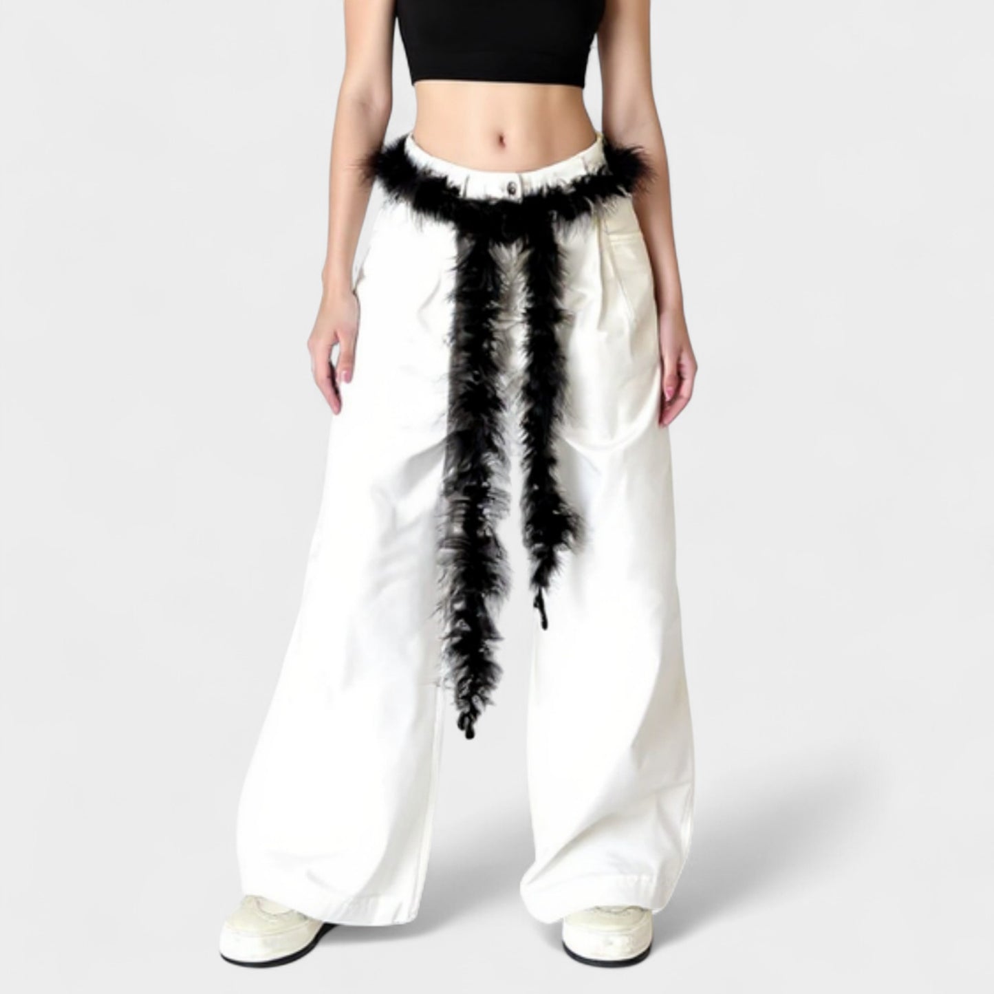 Feather Trim Fashion Belt with Long Drape Accent and Adjustable Tie Design 79x1.5 in