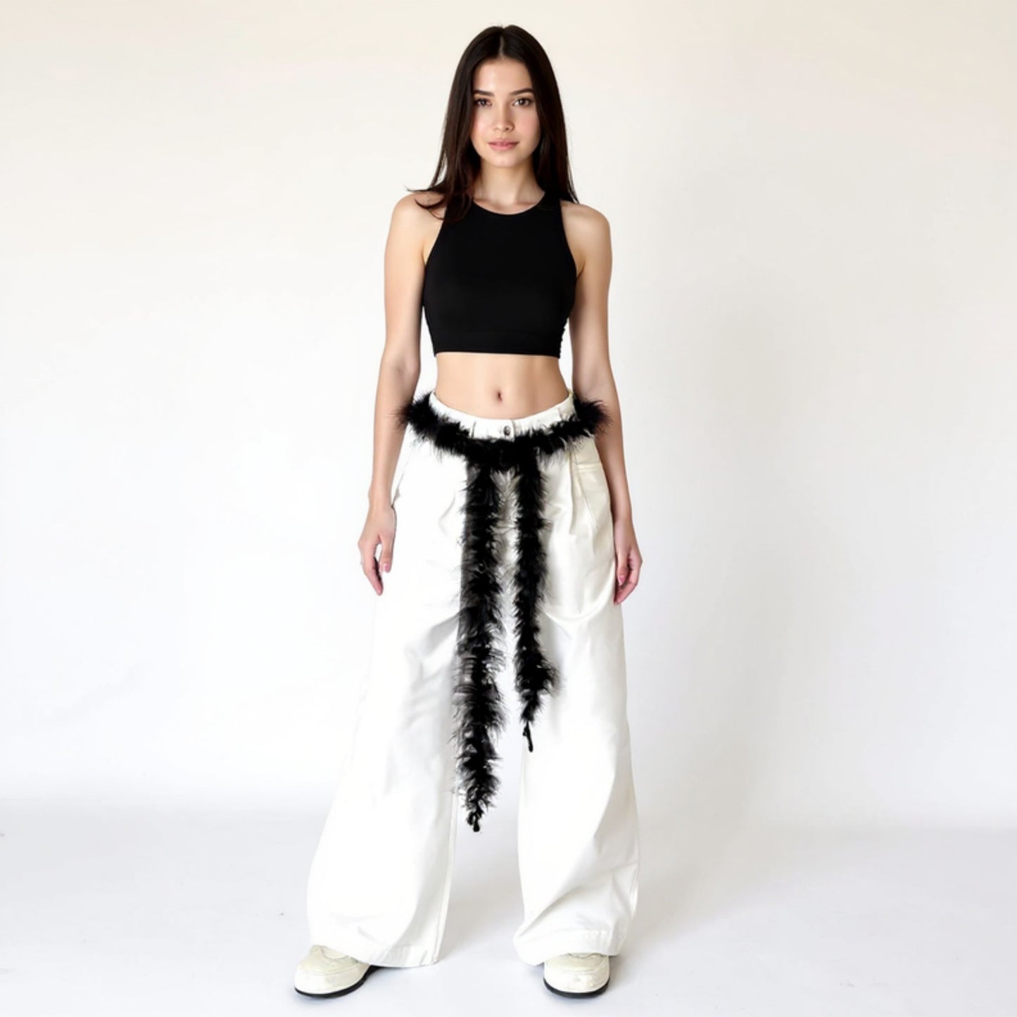 Feather Trim Fashion Belt with Long Drape Accent and Adjustable Tie Design 79x1.5 in