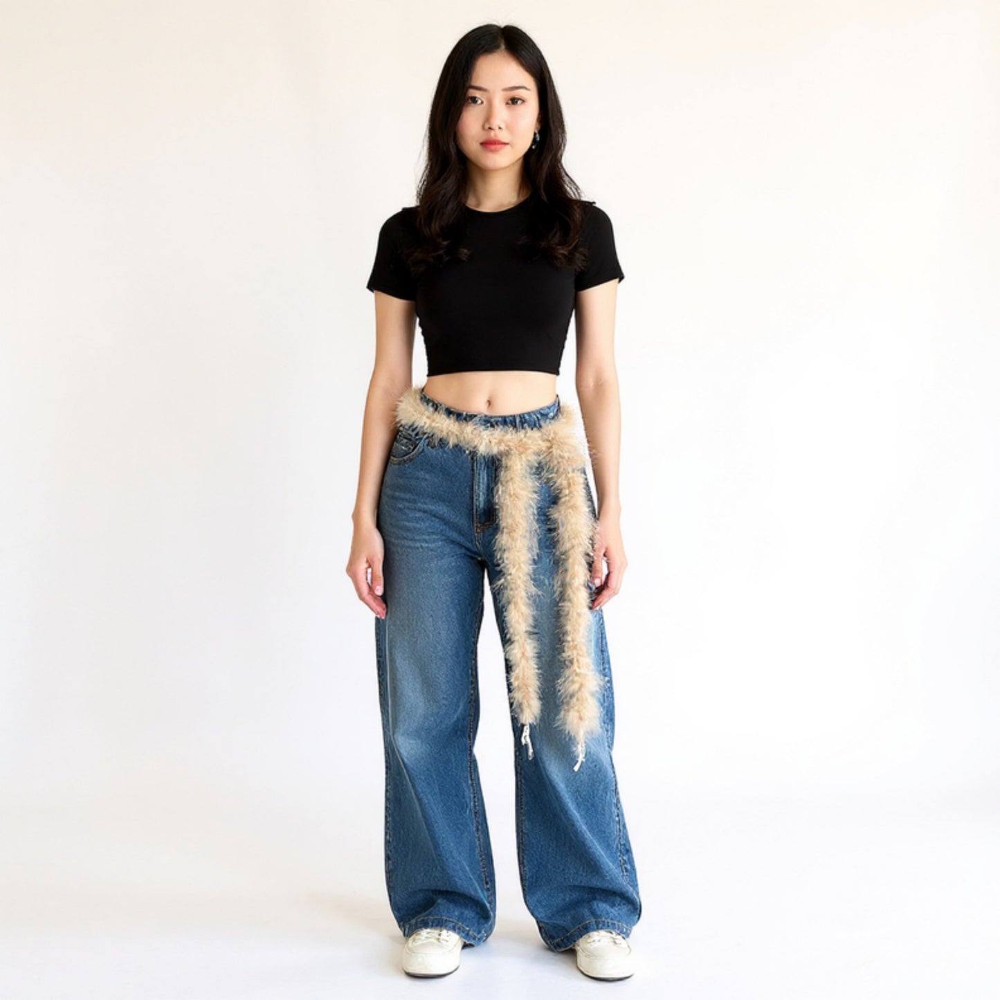 Feather Trim Fashion Belt with Long Drape Accent and Adjustable Tie Design 79x1.5 in