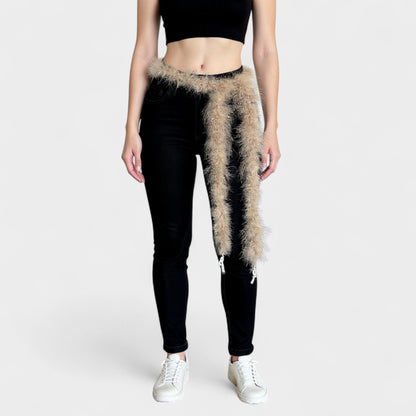 Feather Trim Fashion Belt with Long Drape Accent and Adjustable Tie Design 79x1.5 in