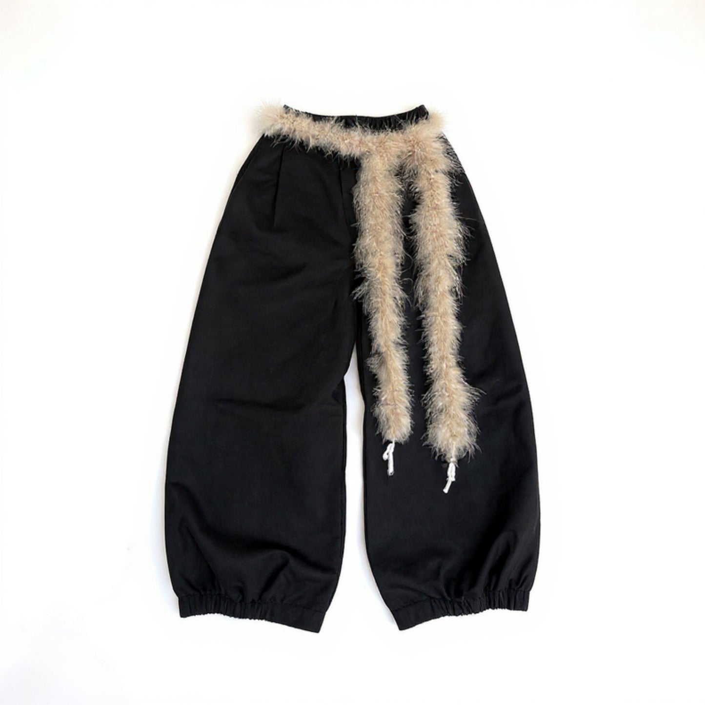 Feather Trim Fashion Belt with Long Drape Accent and Adjustable Tie Design 79x1.5 in