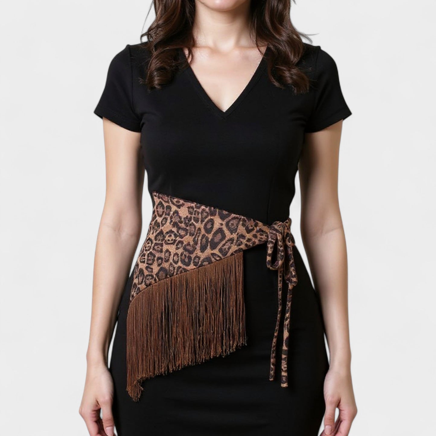 Leopard Print Fringe Waist Scarf Belt with Adjustable Tie 59x1 in