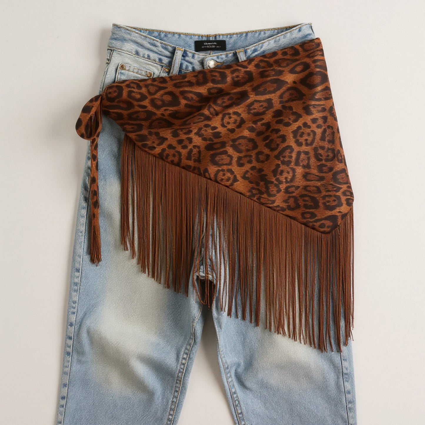 Leopard Print Fringe Waist Scarf Belt with Adjustable Tie 59x1 in