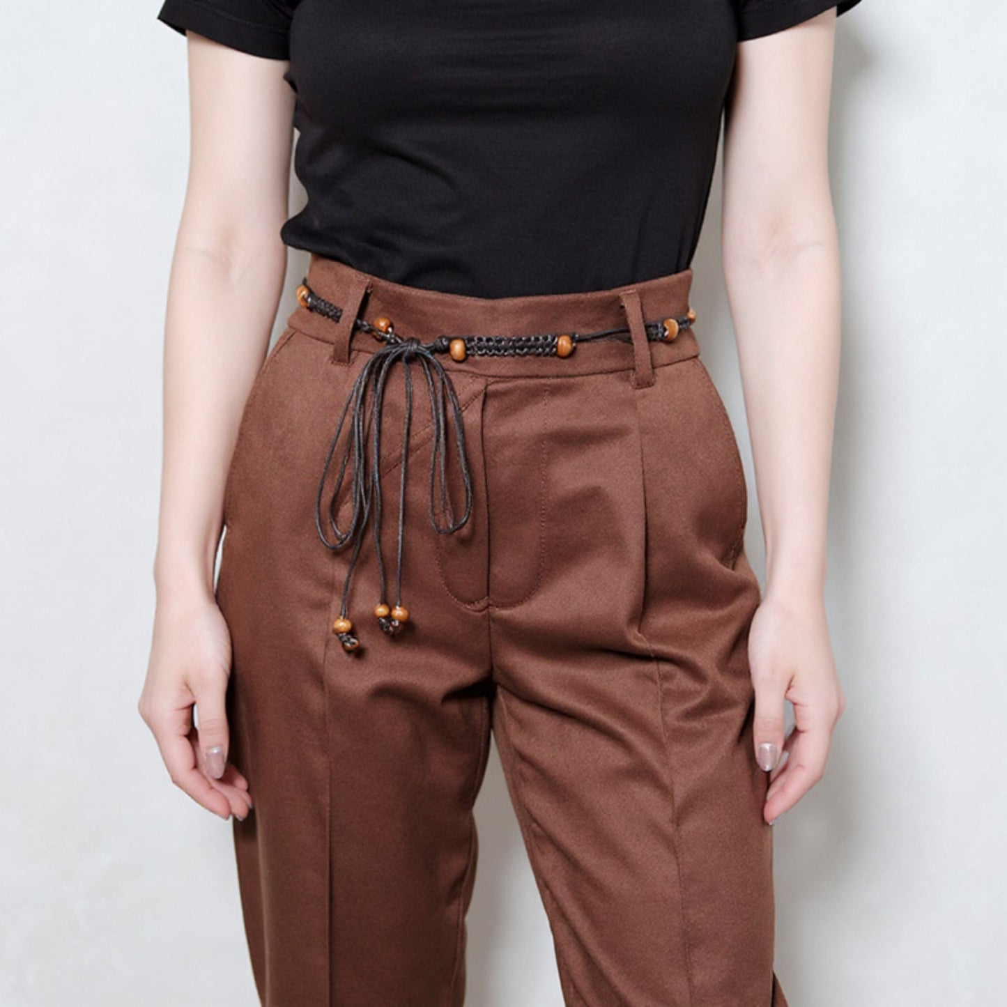 Braided Cord Waist Belt with Wooden Bead Accents and Adjustable Tie 67x1.7 in