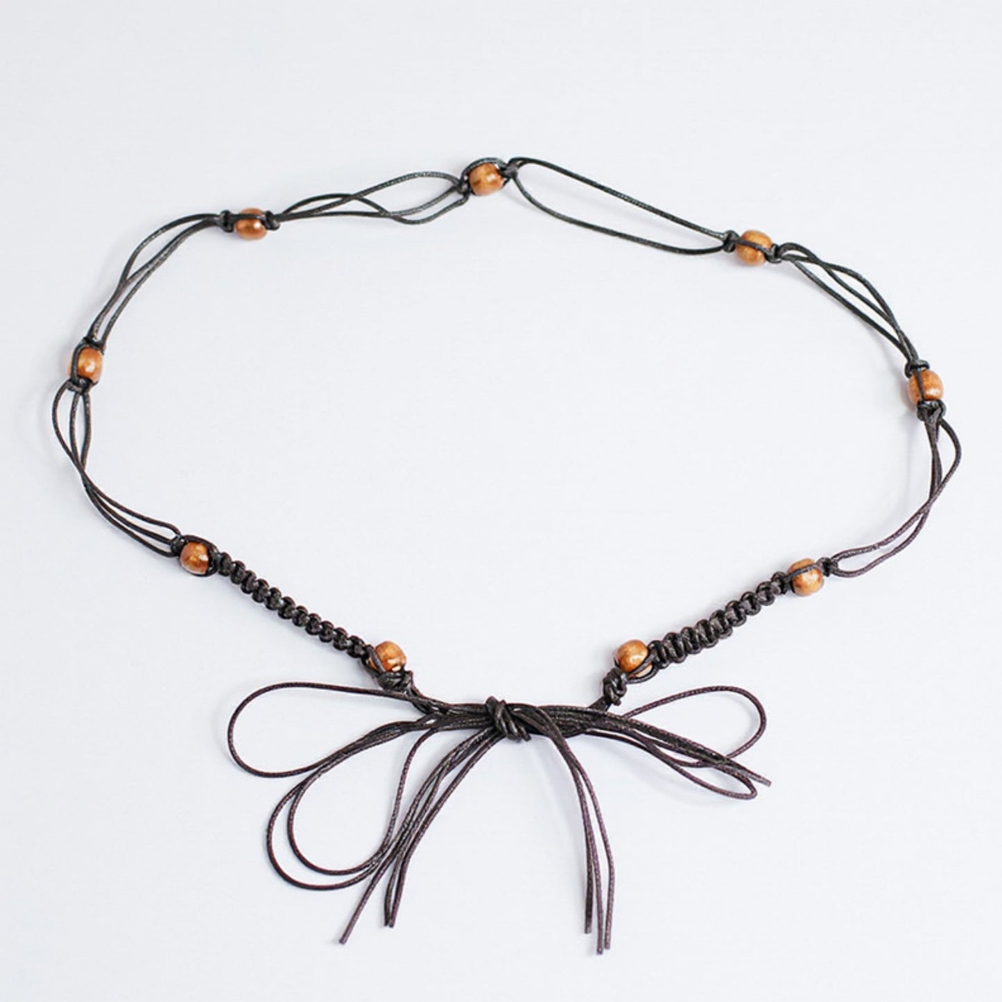 Braided Cord Waist Belt with Wooden Bead Accents and Adjustable Tie 67x1.7 in