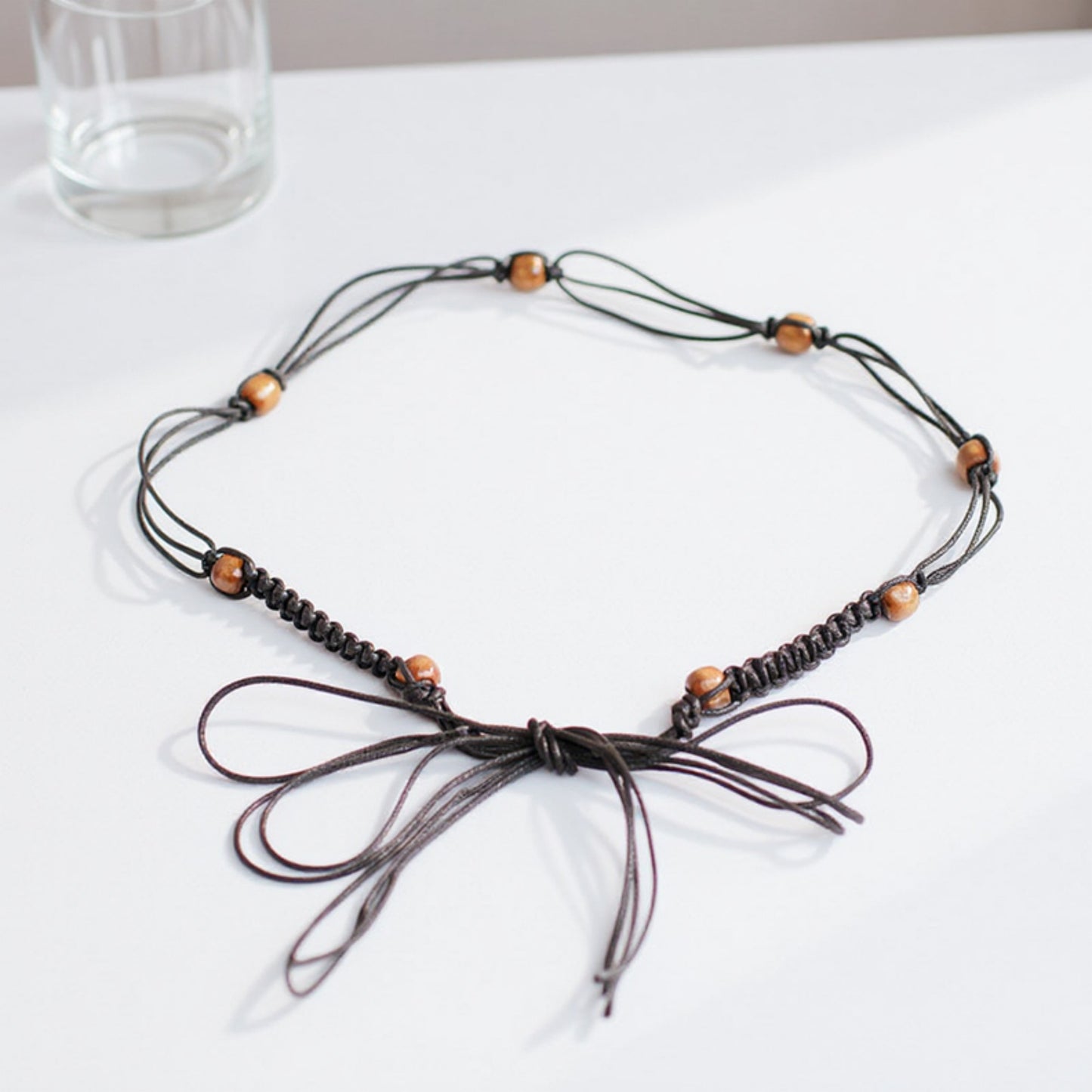 Braided Cord Waist Belt with Wooden Bead Accents and Adjustable Tie 67x1.7 in