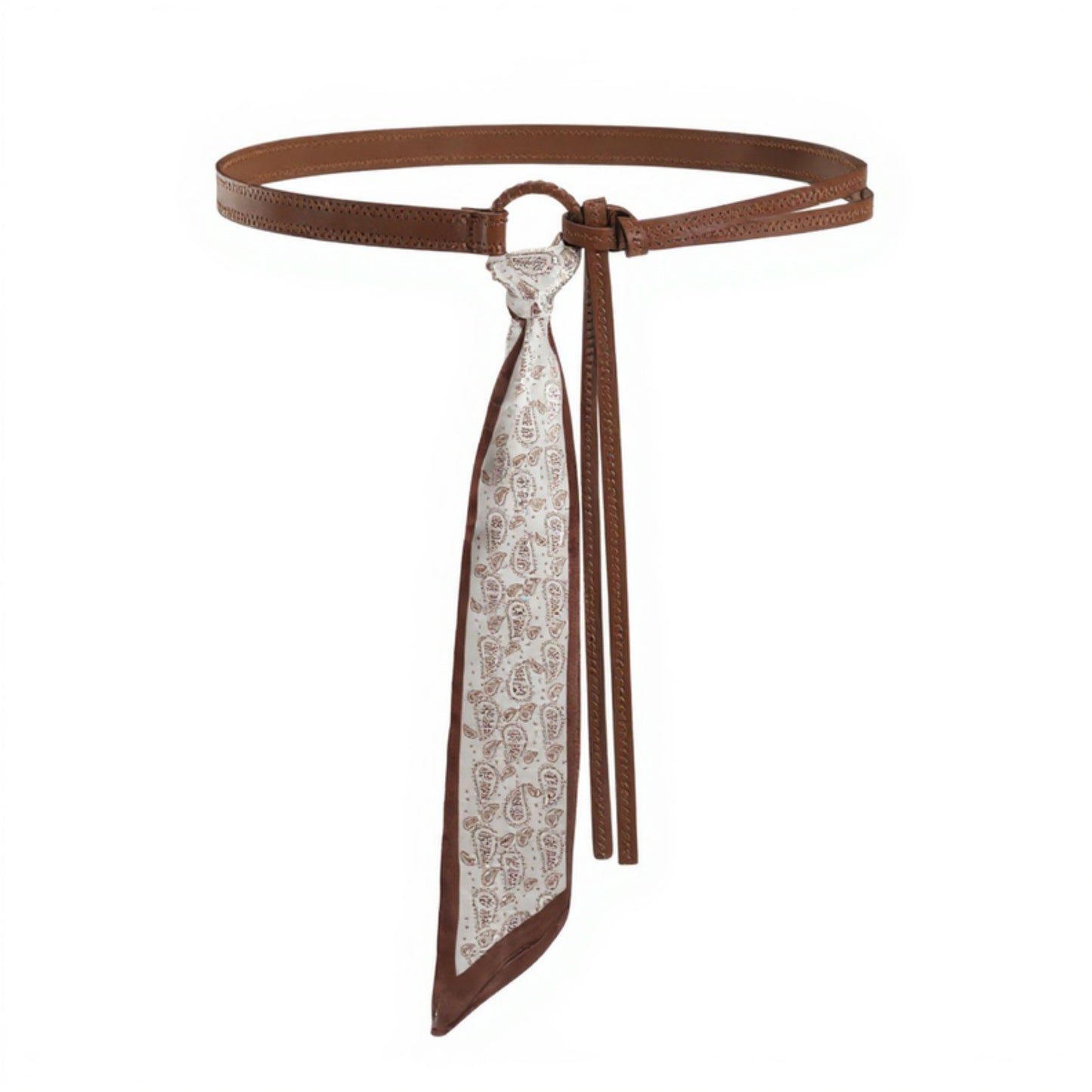 Faux Leather Waist Belt with Printed Scarf Accent and Adjustable Knot Design 53x0.8 in