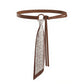 Faux Leather Waist Belt with Printed Scarf Accent and Adjustable Knot Design 53x0.8 in