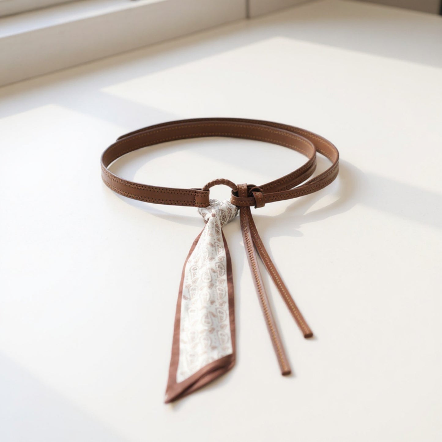 Faux Leather Waist Belt with Printed Scarf Accent and Adjustable Knot Design 53x0.8 in