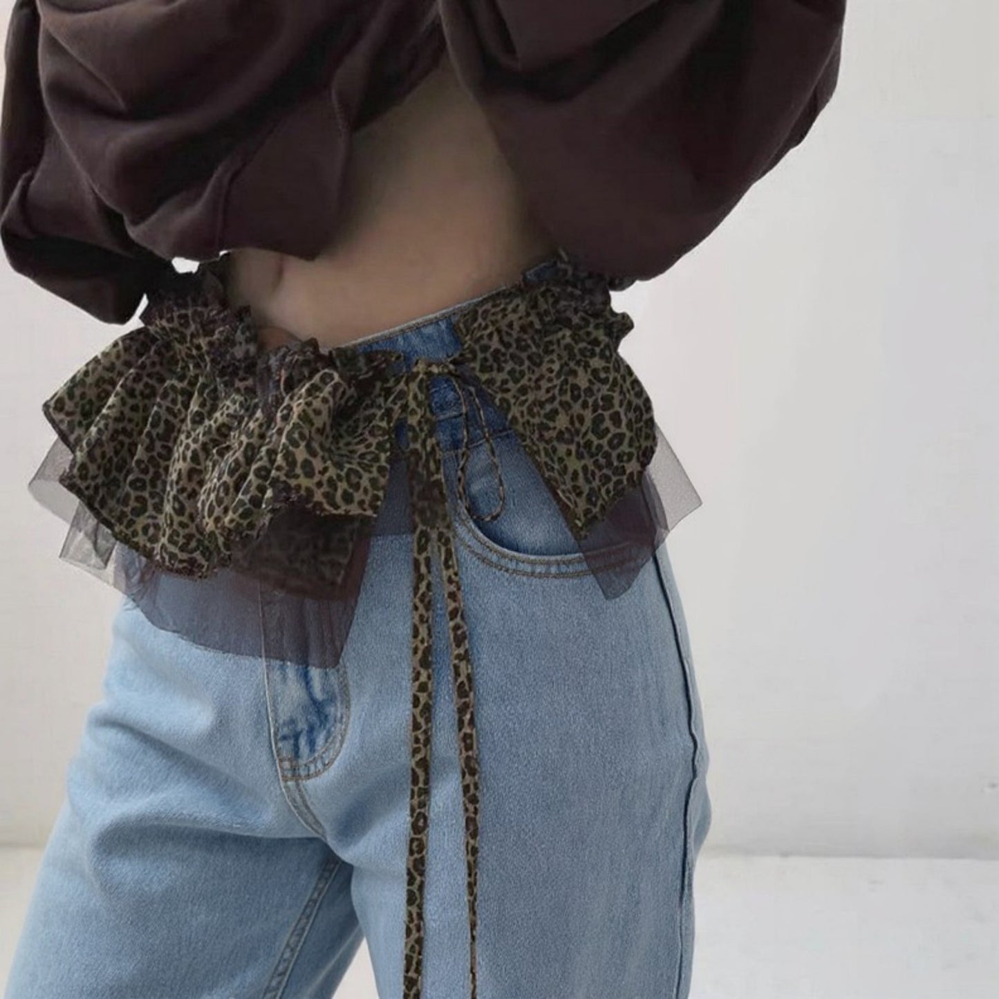 Leopard Print Ruffle Belt with Sheer Mesh Trim and Tie Closure 78.5x2in