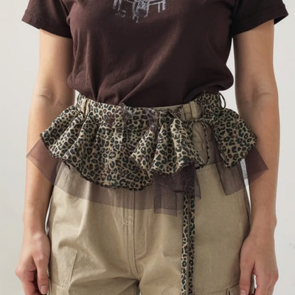 Leopard Print Ruffle Belt with Sheer Mesh Trim and Tie Closure 78.5x2in
