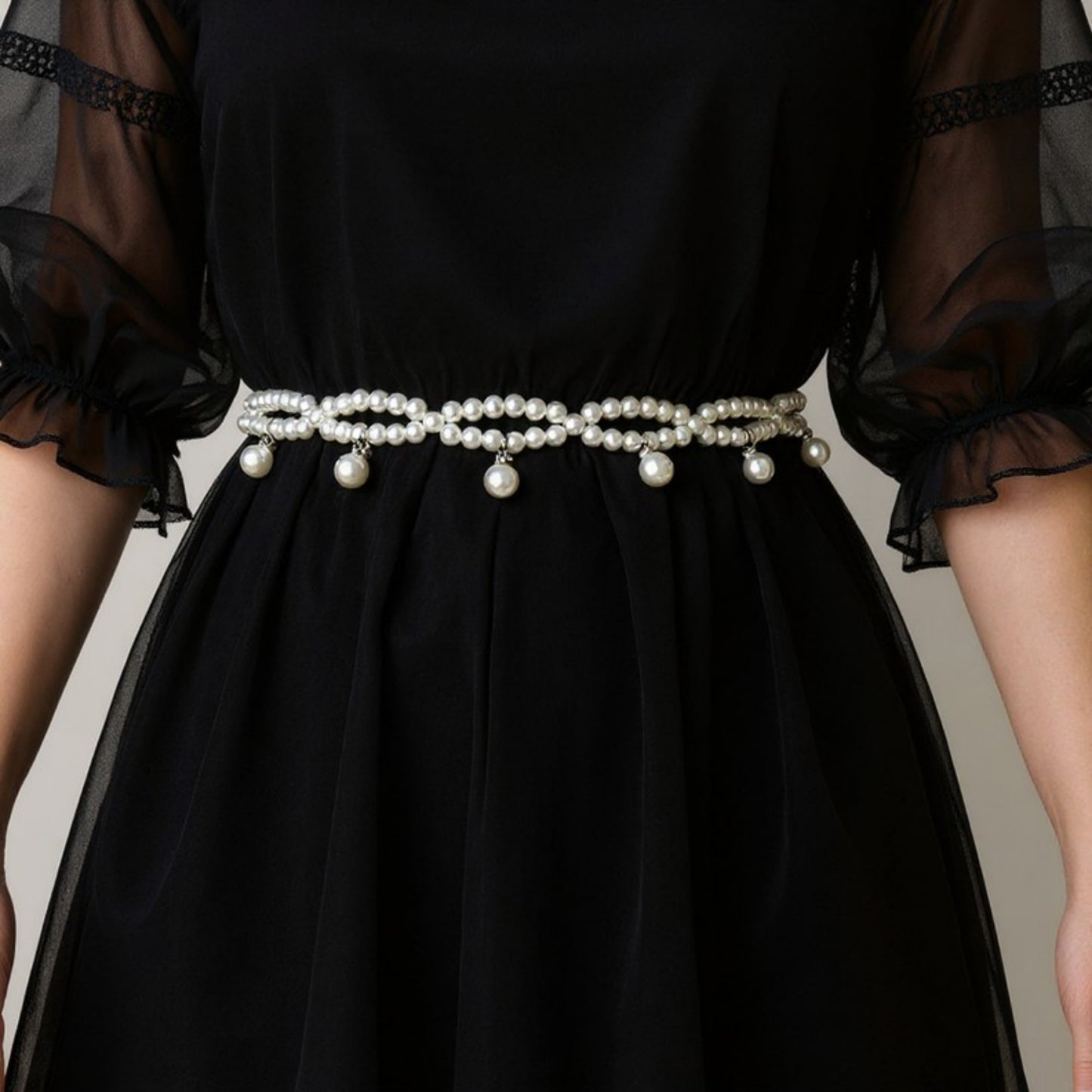 Twisted Pearl Strand Waist Belt with Hanging Bead Details 47x1in