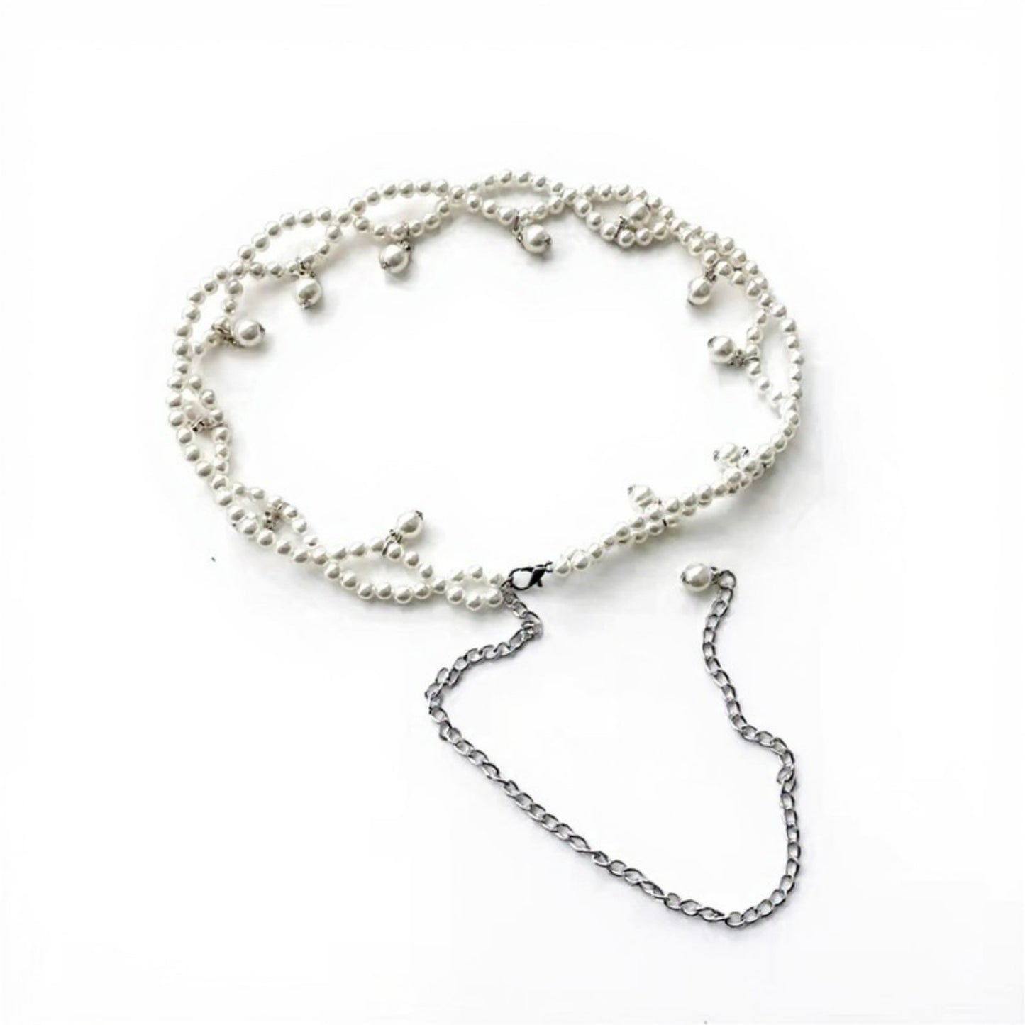 Twisted Pearl Strand Waist Belt with Hanging Bead Details 47x1in
