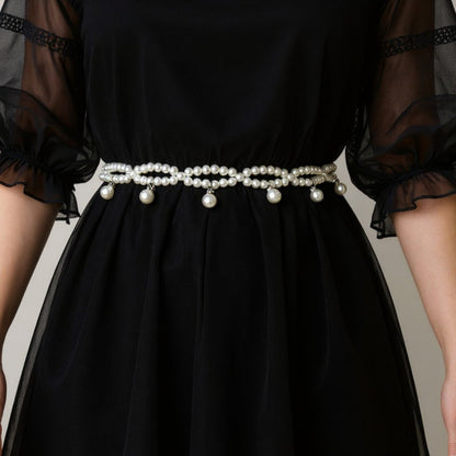 Twisted Pearl Strand Waist Belt with Hanging Bead Details 47x1in