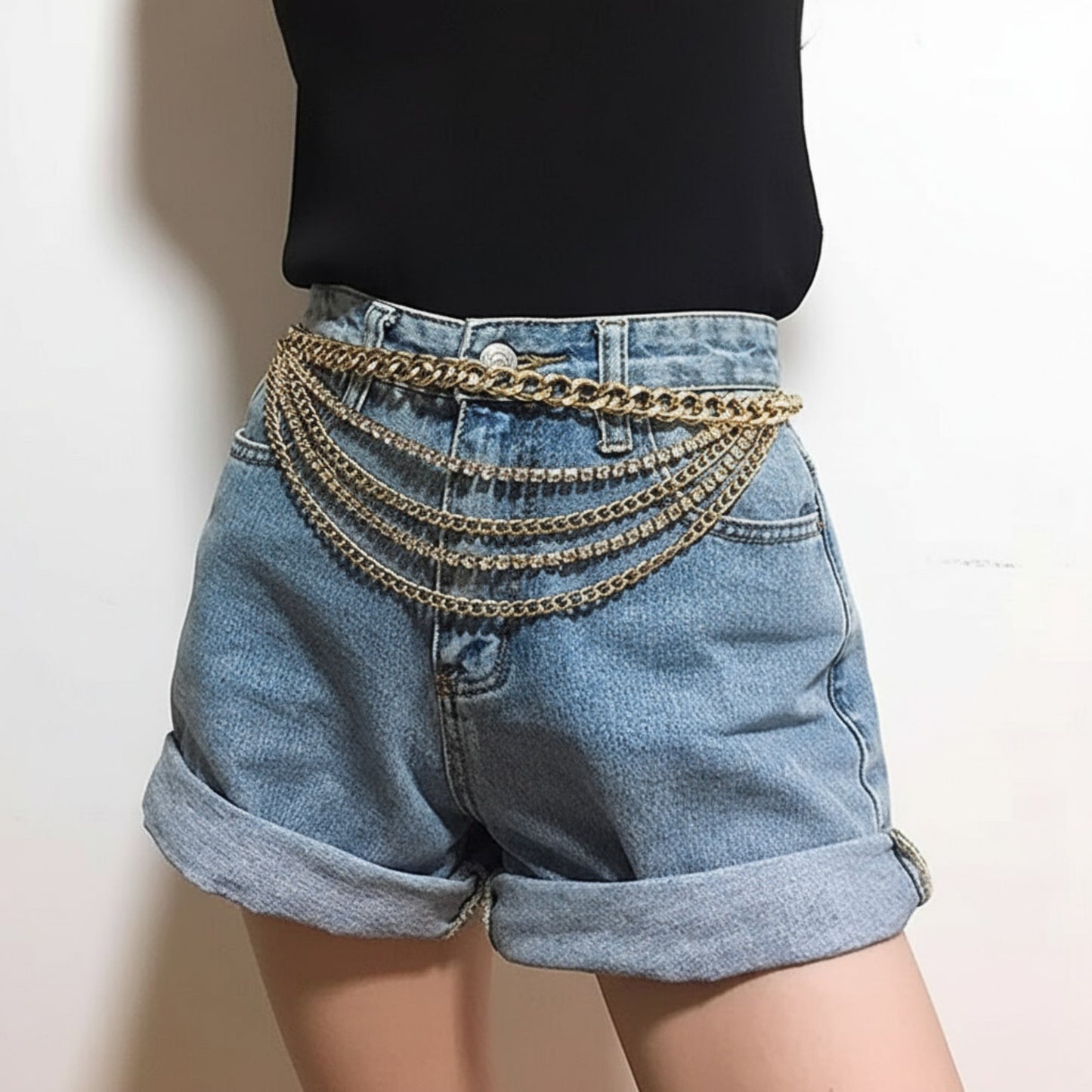 Multi-Layer Chain Belt with Mixed Link and Beaded Strand Details 25.5+13.7in