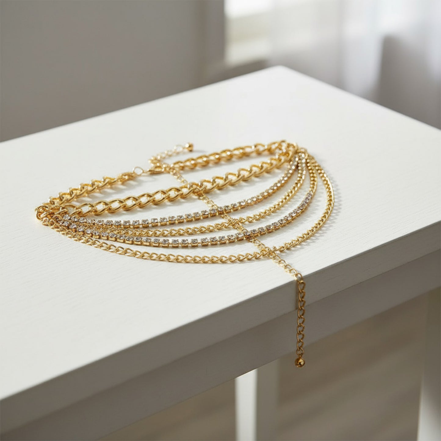 Multi-Layer Chain Belt with Mixed Link and Beaded Strand Details 25.5+13.7in