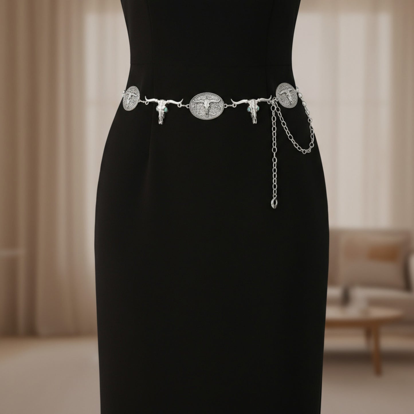 Western Bull Head Concho Chain Belt with Oval Accents and Adjustable Fit 45.5in