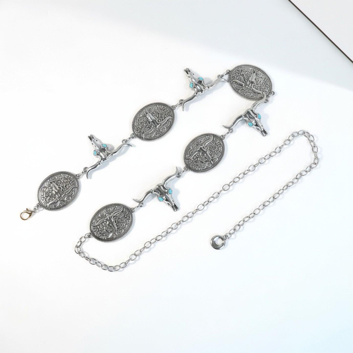 Western Bull Head Concho Chain Belt with Oval Accents and Adjustable Fit 45.5in