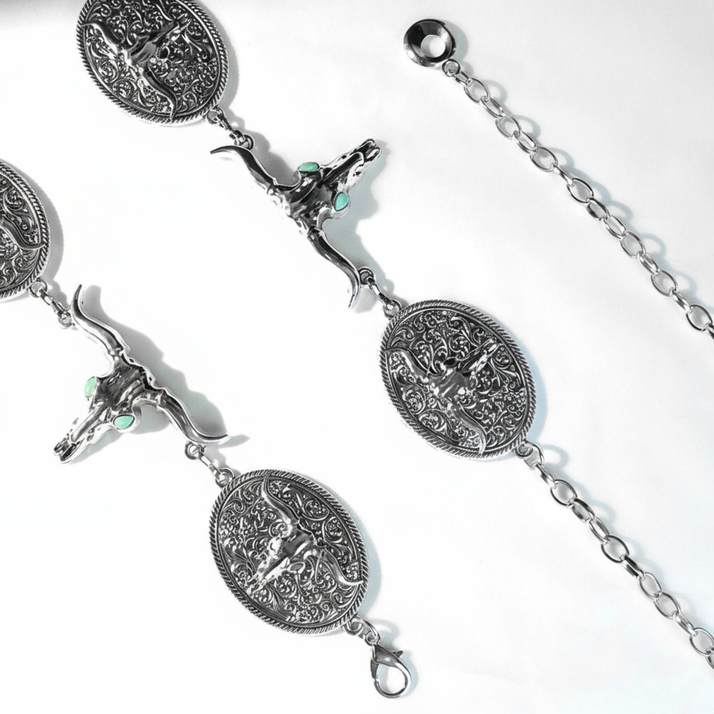 Western Bull Head Concho Chain Belt with Oval Accents and Adjustable Fit 45.5in