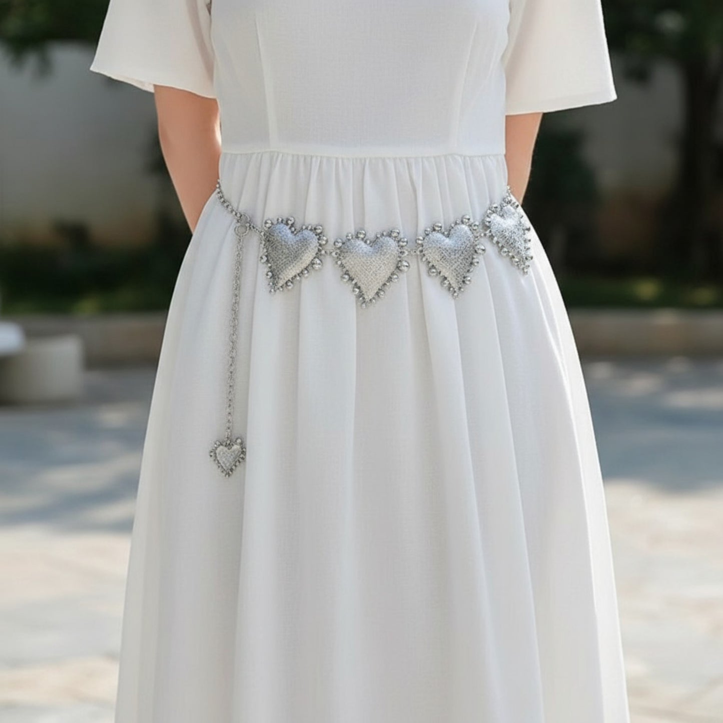 Heart Charm Chain Belt with Beaded Detailing and Adjustable Fit 47in