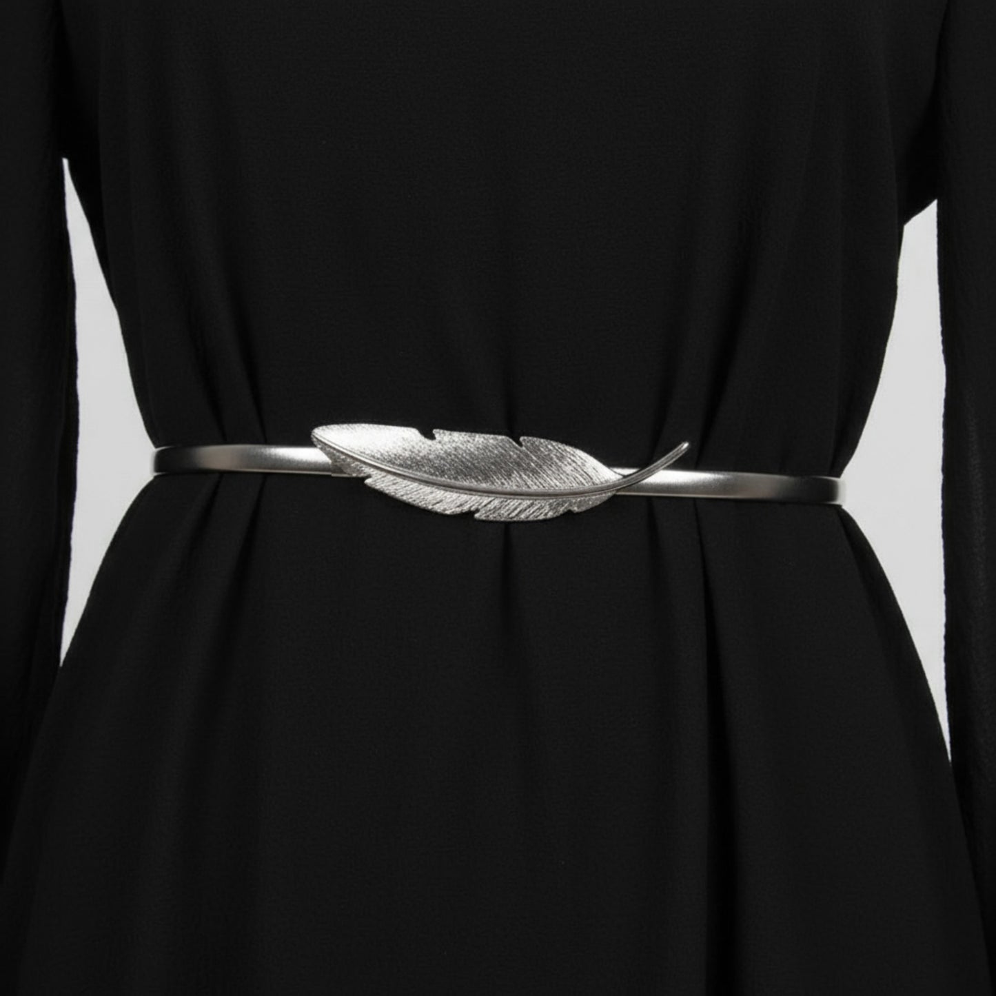Metal Leaf Buckle Belt with Slim Adjustable Band and Textured Design 28.5x0.4in