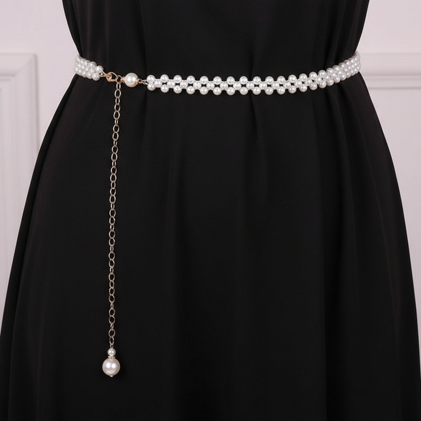 Pearl Beaded Chain Belt with Delicate Drop Pendant and Adjustable Clasp 43.5x0.8in