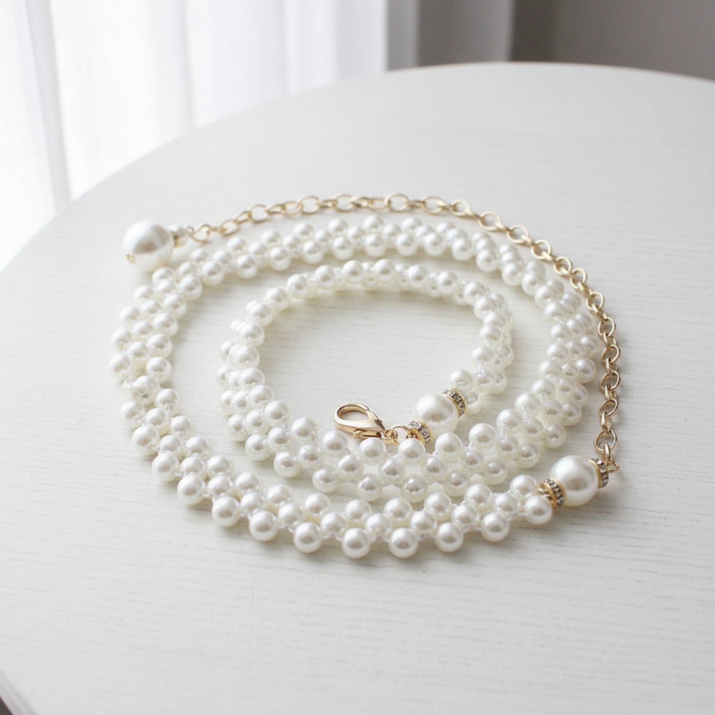 Pearl Beaded Chain Belt with Delicate Drop Pendant and Adjustable Clasp 43.5x0.8in