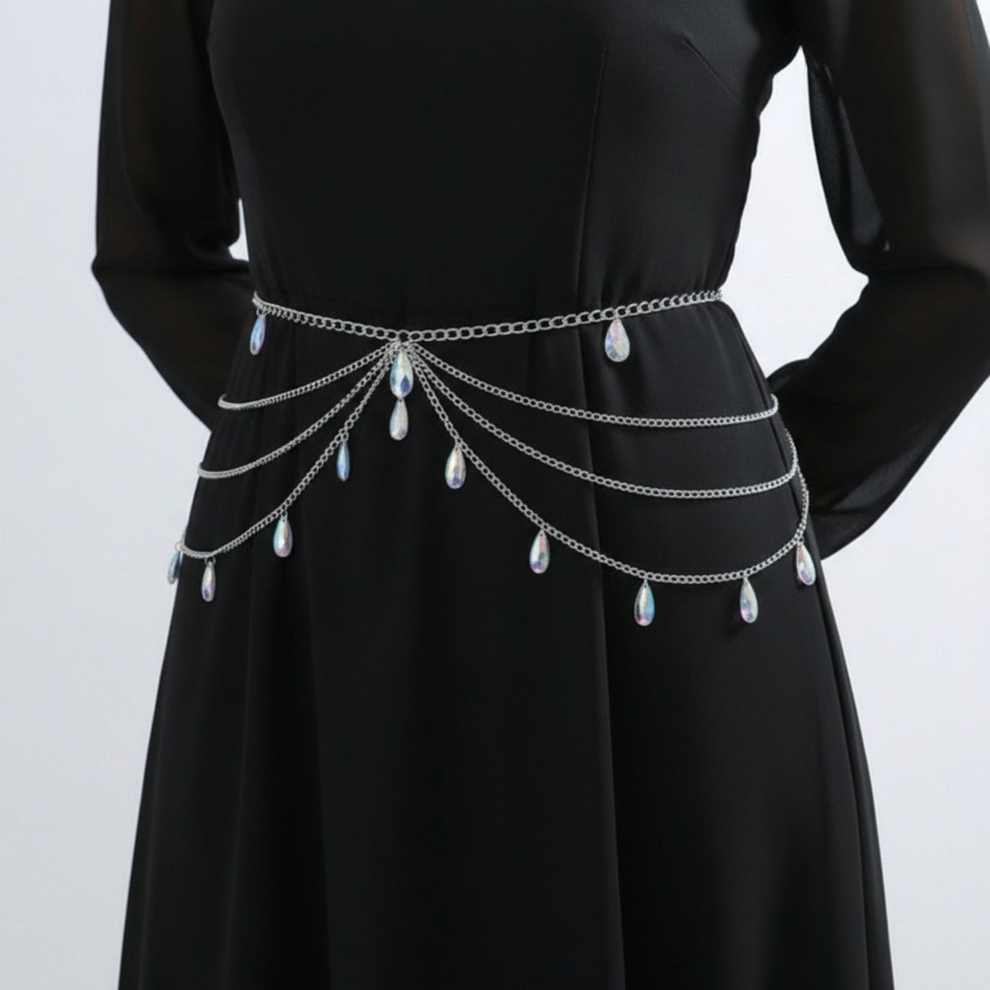 Multi-Layer Chain Belt with Teardrop Crystal Charms and Draped Chain Strands 26+15.7in