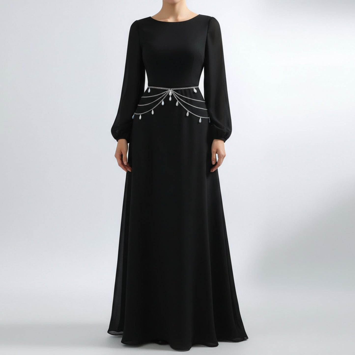 Multi-Layer Chain Belt with Teardrop Crystal Charms and Draped Chain Strands 26+15.7in