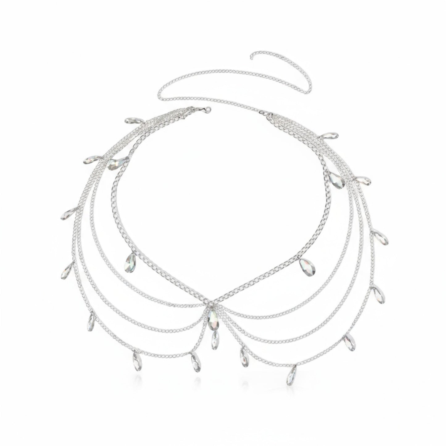 Multi-Layer Chain Belt with Teardrop Crystal Charms and Draped Chain Strands 26+15.7in