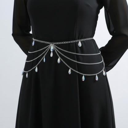 Multi-Layer Chain Belt with Teardrop Crystal Charms and Draped Chain Strands 26+15.7in