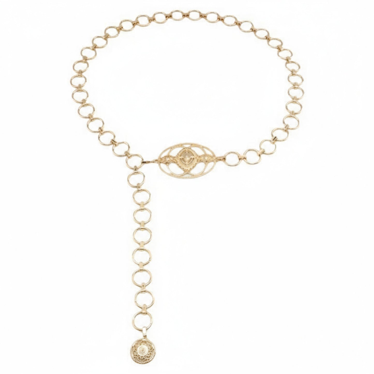 Circular Chain Belt with Interlocking Rings and Drop Pendant Detail 39.5+2.5in
