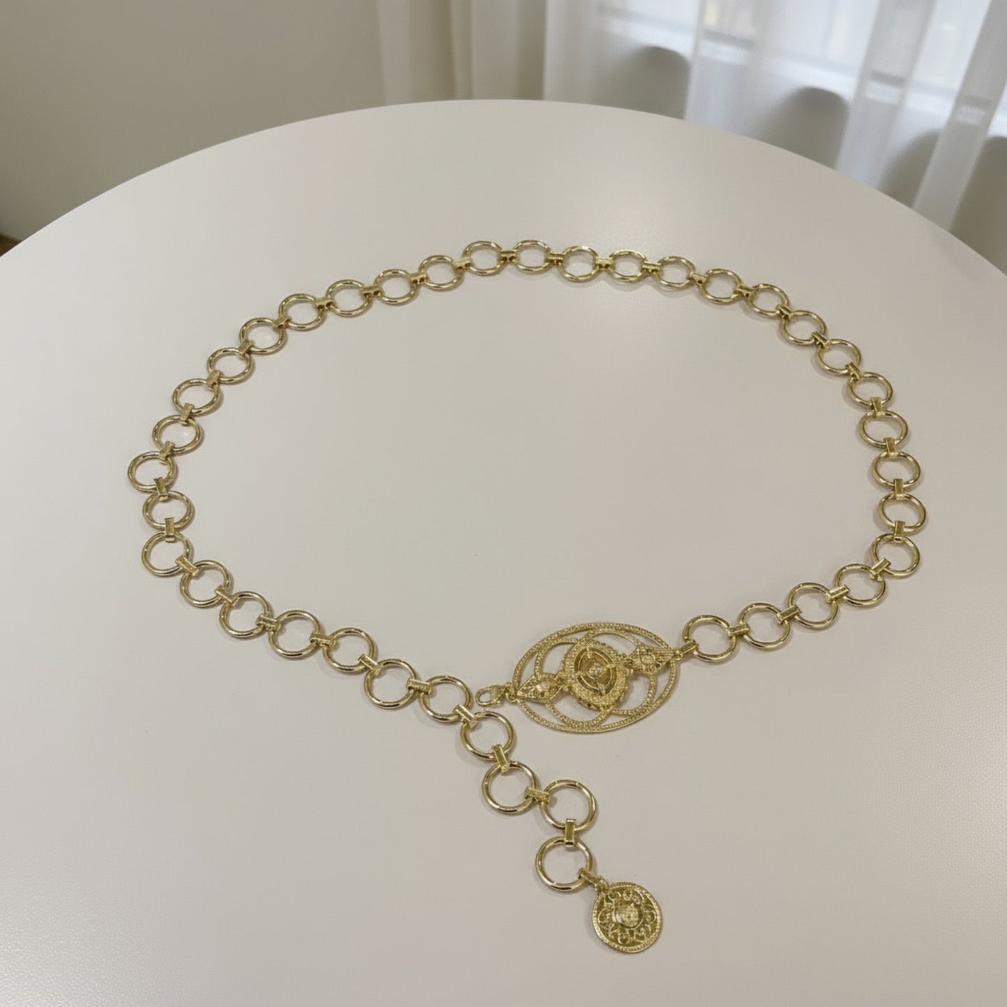 Circular Chain Belt with Interlocking Rings and Drop Pendant Detail 39.5+2.5in
