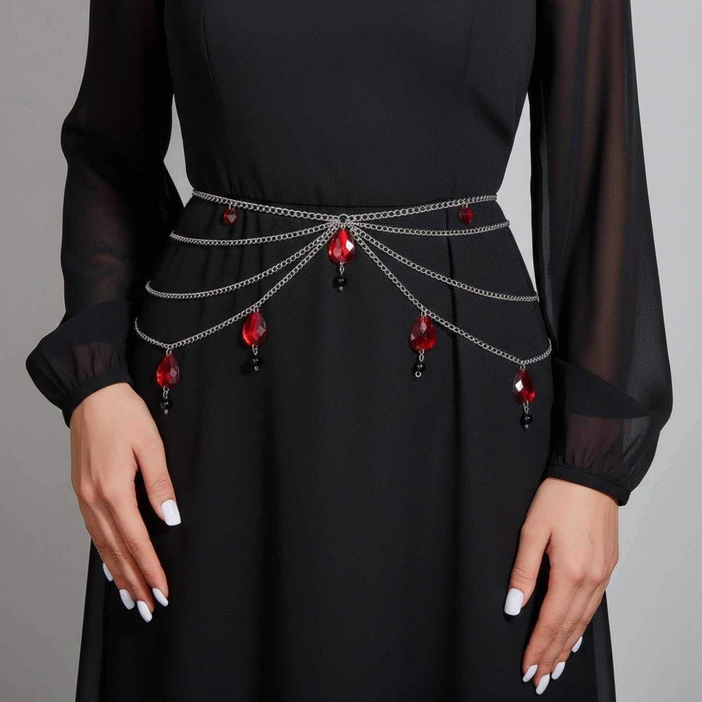 Multi-Layer Chain Belt with Teardrop Crystal Charms and Draped Chains 45.5x0.4in