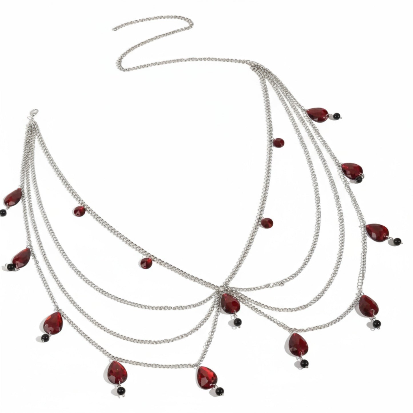 Multi-Layer Chain Belt with Teardrop Crystal Charms and Draped Chains 45.5x0.4in