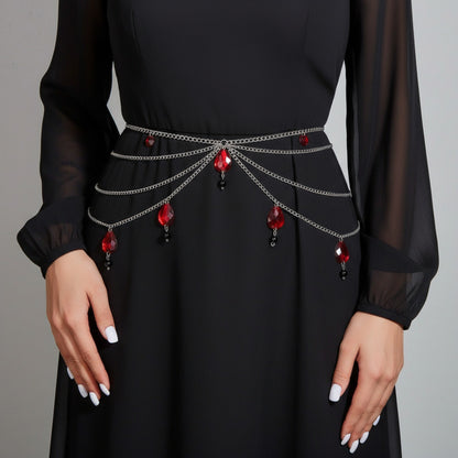 Multi-Layer Chain Belt with Teardrop Crystal Charms and Draped Chains 45.5x0.4in