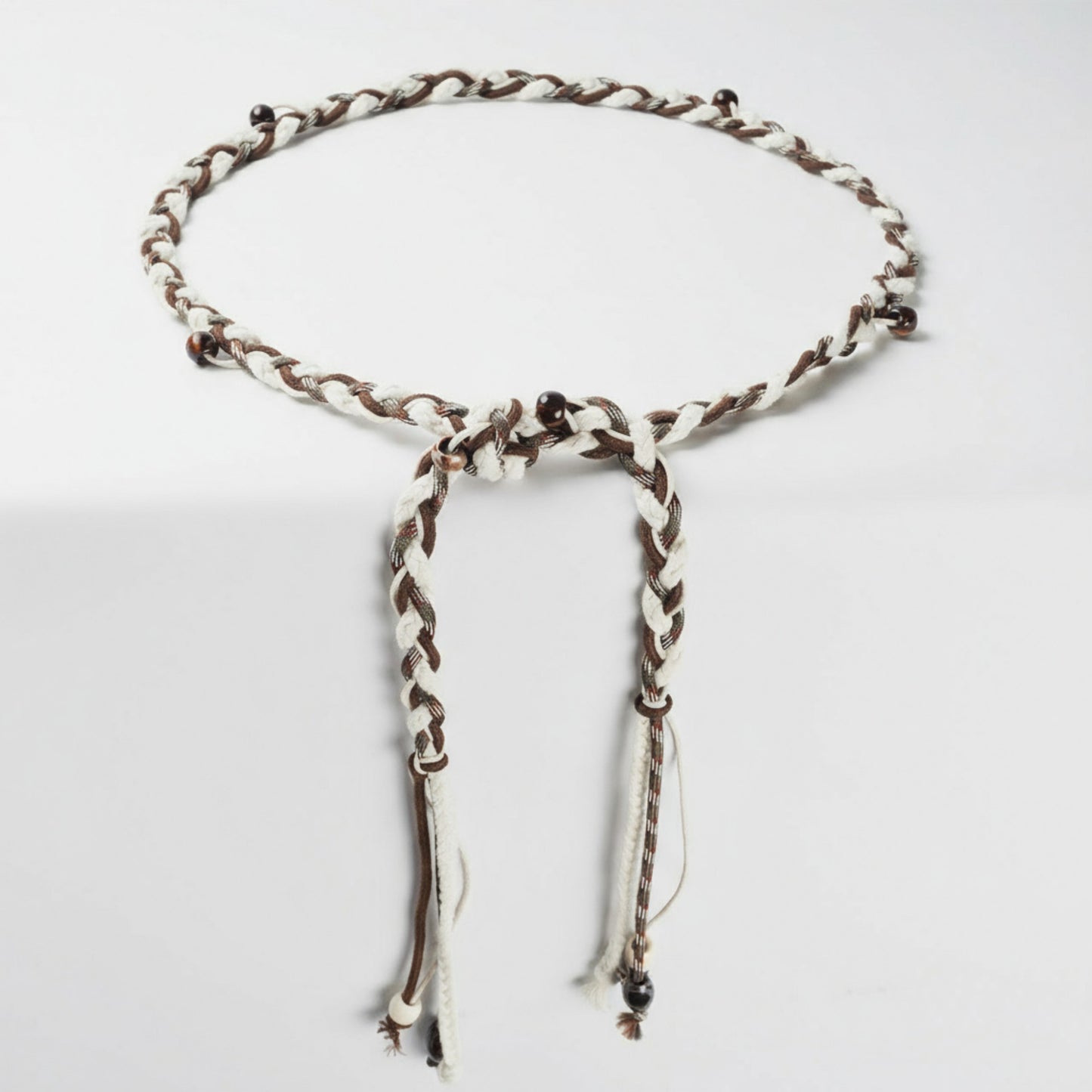 Braided Rope Belt with Wooden Bead Details and Tassel Ends 63x0.8in