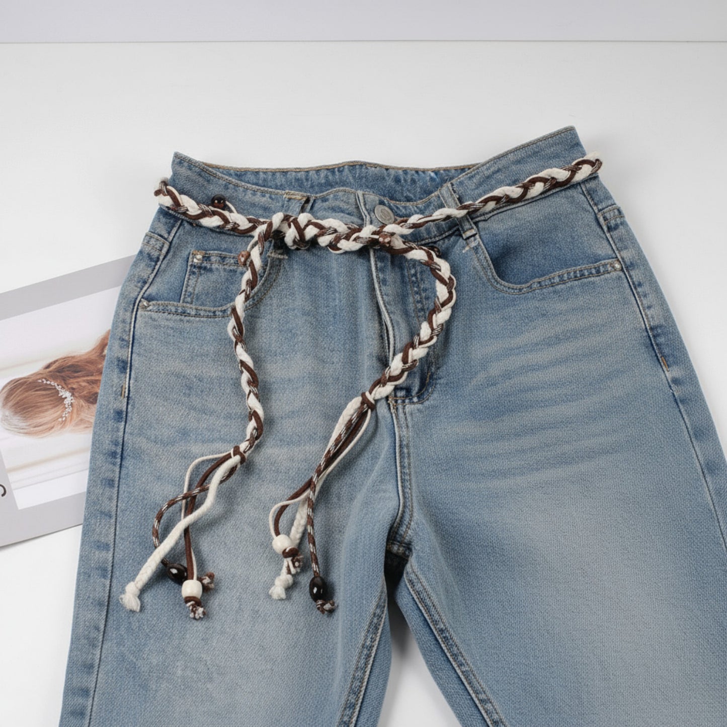 Braided Rope Belt with Wooden Bead Details and Tassel Ends 63x0.8in