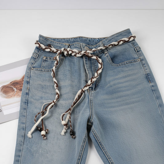 Braided Rope Belt with Wooden Bead Details and Tassel Ends 63x0.8in