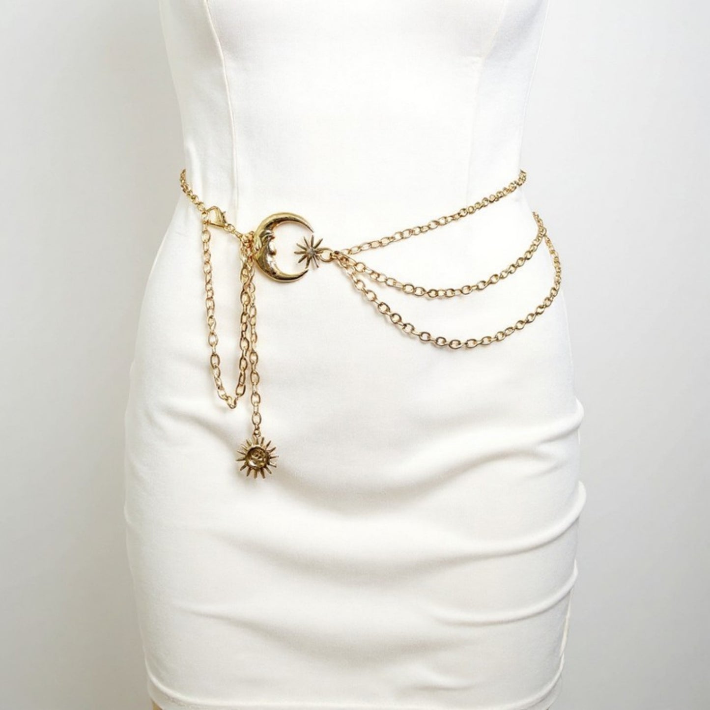 Layered Chain Belt with Crescent Moon and Sun Charms 45.5x0.8in